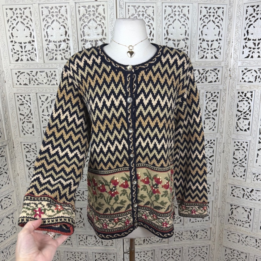 Vtg Chunky‎ Chevron Button Up Cardigan Sz Medium Oversized Grannycore Cottage